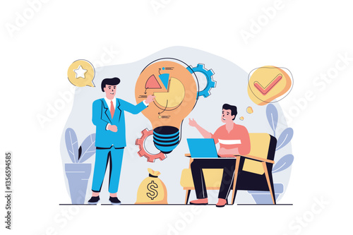 Business idea web concept with cartoon people design. Men analyzing financial data, generating new ideas, developing success strategy in team. Flat vector illustration isolated on white background.