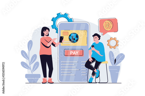 Online payment web concept with cartoon people design. Man and woman paying purchases with credit card, sending money in mobile banking app. Flat vector illustration isolated on white background.