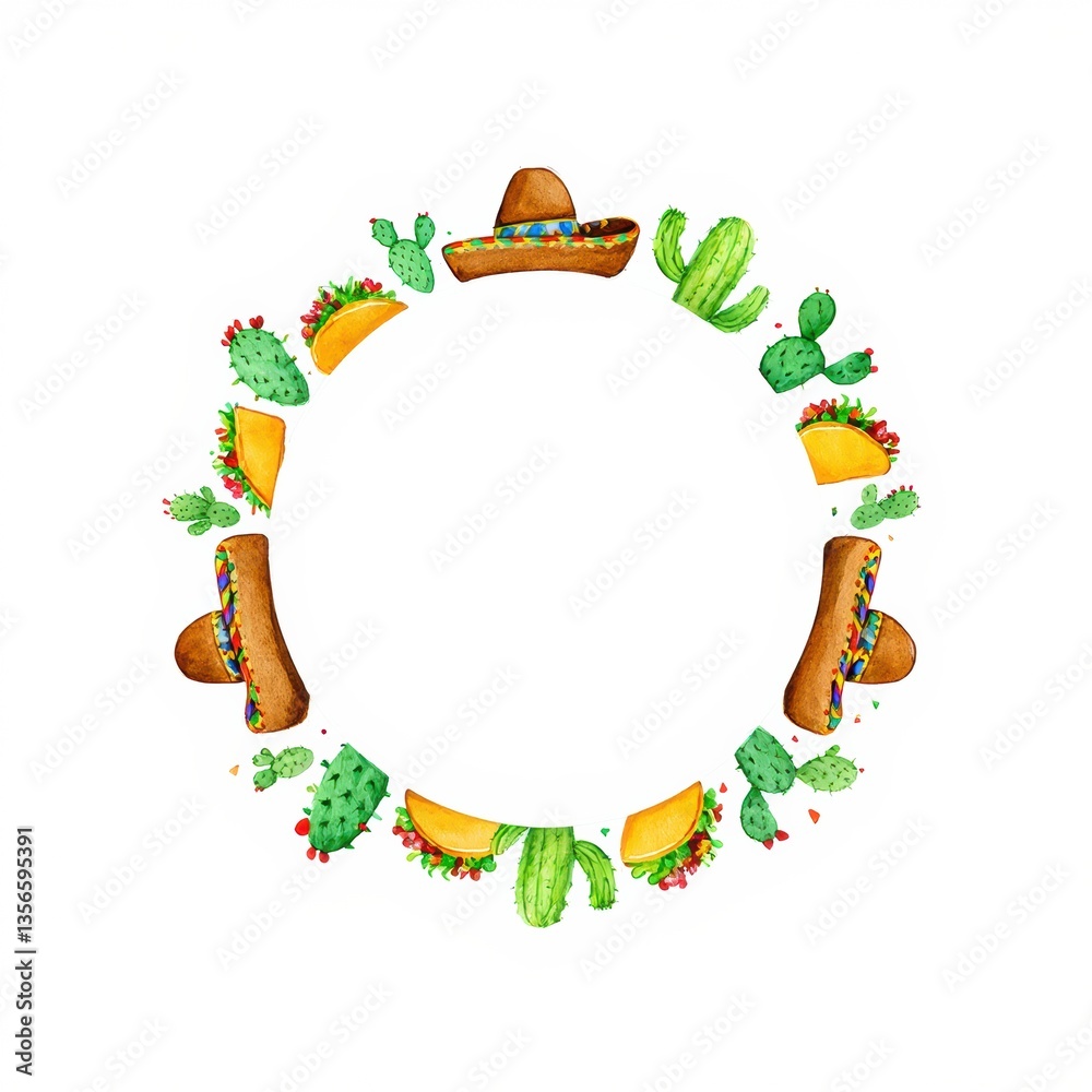Obraz premium Cute Watercolor Empty Circular Frame with Mexican Tacos Cacti Sombreros White Background Clipart