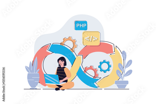 DevOps web concept with cartoon people design. Woman working with programming and management, using job integration practice and agile cycles. Flat vector illustration isolated on white background.
