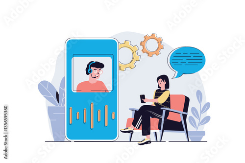 Virtual assistant web concept with cartoon people design. Woman connecting with operator of customer support service and making video calling. Flat vector illustration isolated on white background.