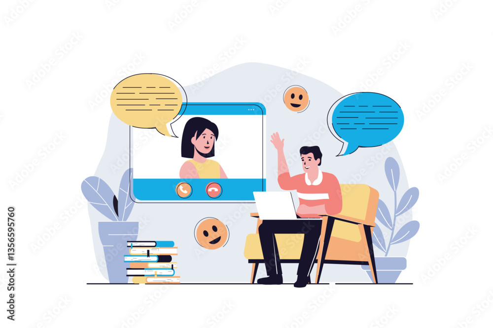 Fototapeta premium Video chatting web concept with cartoon people design. Man talking to woman by video calling using laptop, connecting with virtual friends. Flat vector illustration isolated on white background.