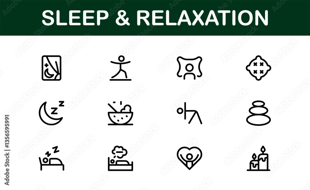 Modern Sleep and Relaxation Icon Set Vector Illustration. Featuring Essential Symbols for Rest, Calm, and Comfort Modern Sleep and Relaxation Icon Set Vector Illustration. Featuring Essential Symbols for Rest, Calm, and Comfort