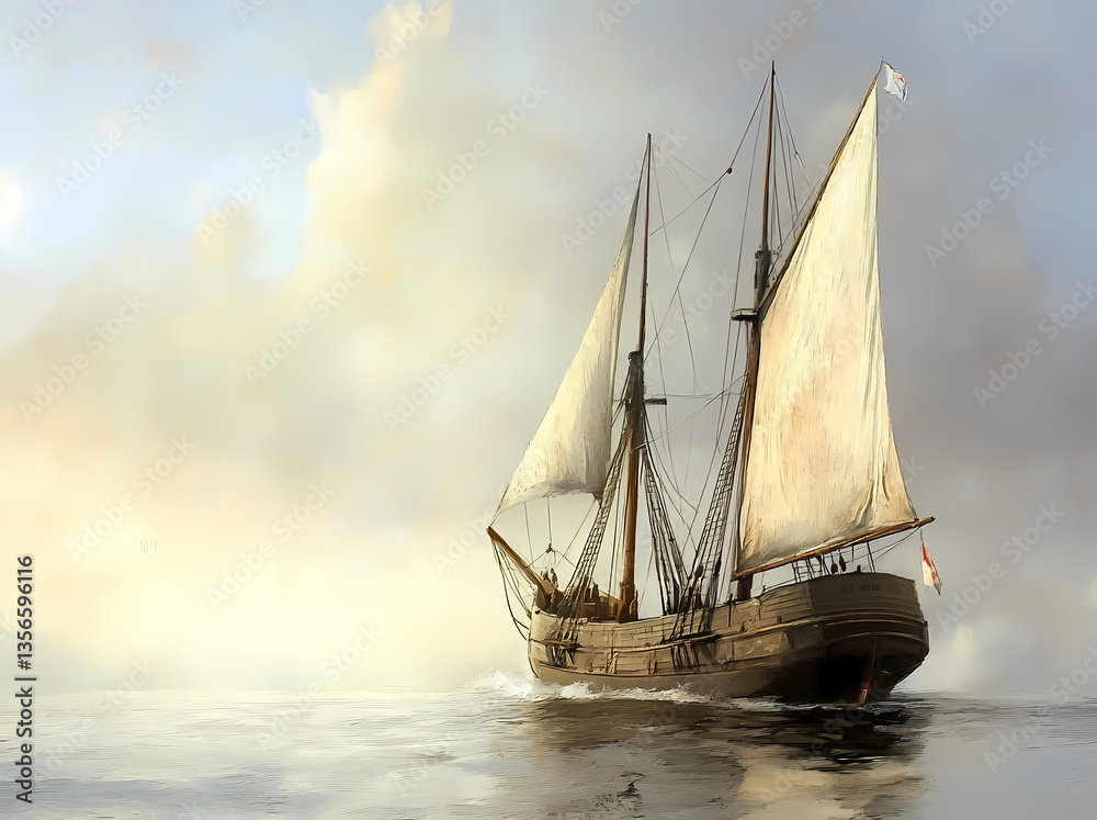 Fototapeta premium Sailing Through Time: A historic sailboat glides gracefully across calm waters under a vast, cloudy sky, evoking a sense of adventure and maritime exploration.