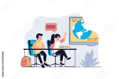 School learning web concept with cartoon people design. Boy and girl studying at lesson in classroom, pupils answering at geography test. Flat vector illustration isolated on white background.