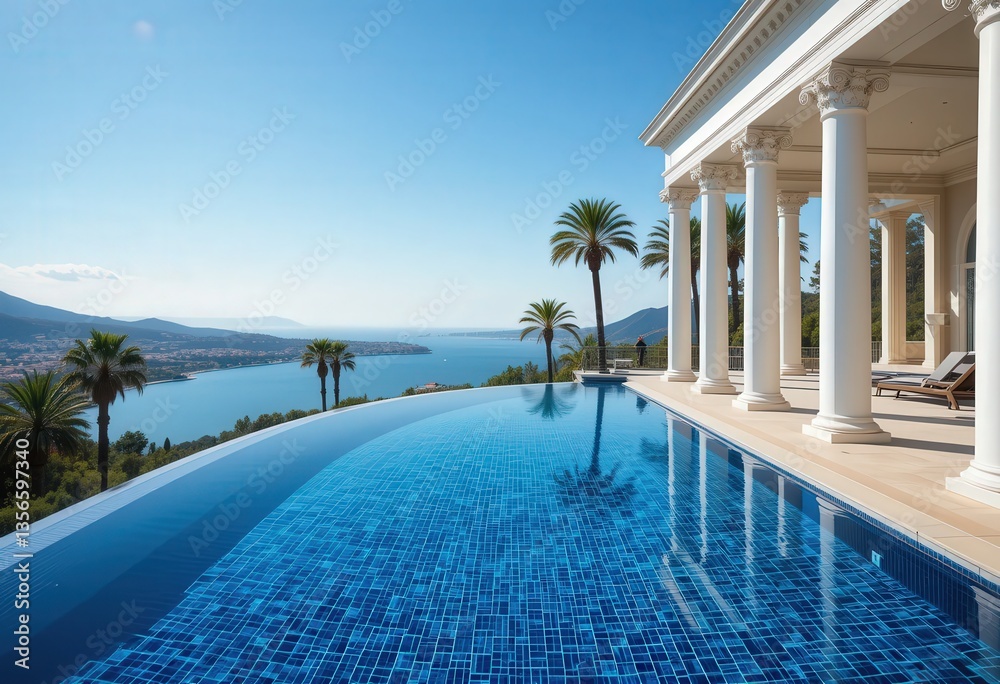 Fototapeta premium Tranquil ocean view from a luxurious infinity pool reflecting palm trees in a bright sunny day clear sky.