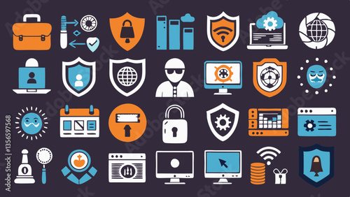 AI generated cybersecurity hacking icons featuring AI-driven firewalls and digital security symbols for online protection and risk management.