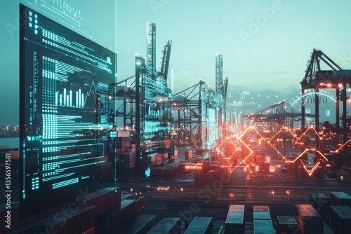 A futuristic seaport at dusk, where towering shipping containers are overlaid with glowing digital graphs and charts.