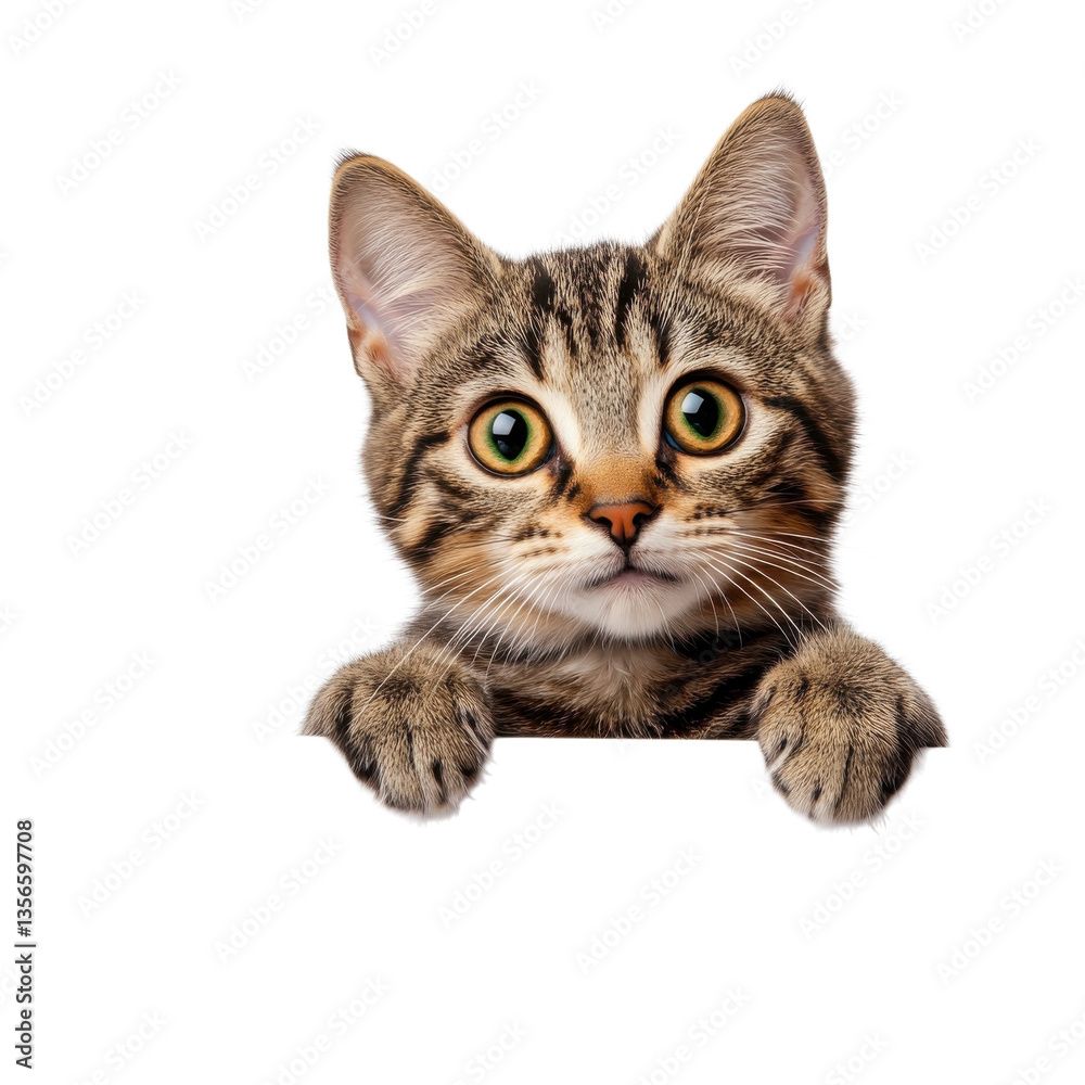 Curious tabby cat peeking over a white surface with big, expressive eyes on a bright background on transparent background Curious tabby cat peeking over a white surface with big, expressive eyes on a bright background on transparent background