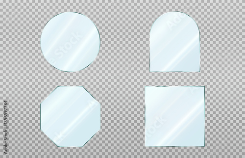 Set of round, octagonal, square and arched mirrors. Reflective glass plate. 3d vector illustration isolated on transparent background