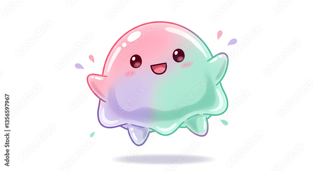 Fototapeta premium manga comic style, a chibi-style warabi mochi character, translucent jelly-like body, happy face, bouncing playfully