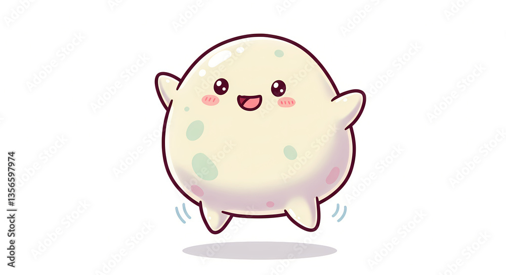 Fototapeta premium manga comic style, a chibi-style warabi mochi character, translucent jelly-like body, happy face, bouncing playfully
