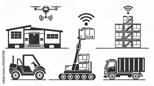 AI generated flat icons silhouettes of AI logistics, autonomous trucks, and delivery drones for futuristic supply chains
