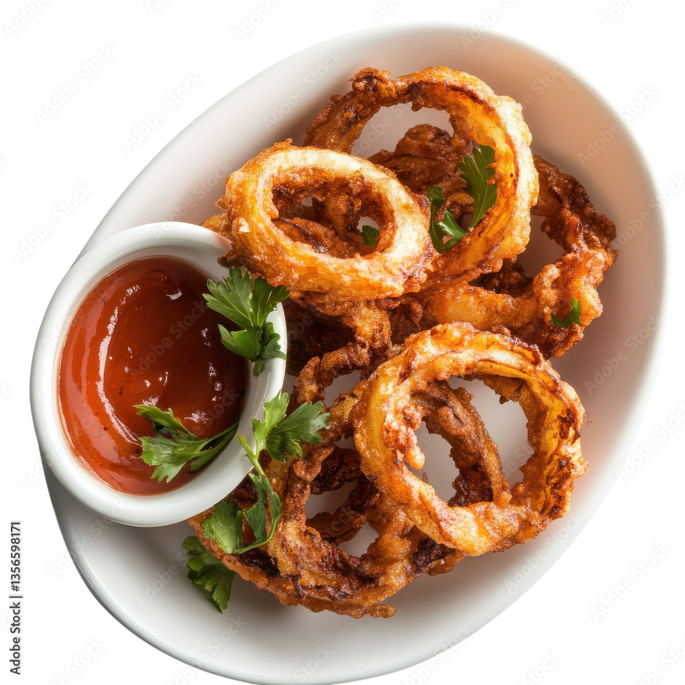 Crispy onion rings served with tangy dipping sauce in a white bowl on a wooden table on transparent background