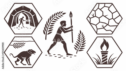 AI generated flat icons silhouettes of ancient caves, mysteries, prehistoric paintings, and flowing rivers