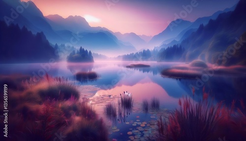 Mystic Waters A tranquil lake at dusk with soft colors and refle