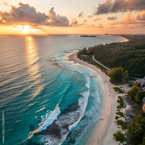 Golden Hour Drone View of a Peaceful Tropical Beach with Deep Blue Ocean and Warm Sunset Glow

