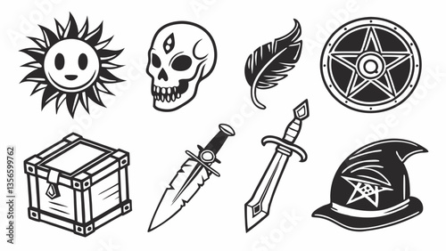 AI generated flat icons silhouettes of magical artifacts, including cursed amulets and enchanted daggers.