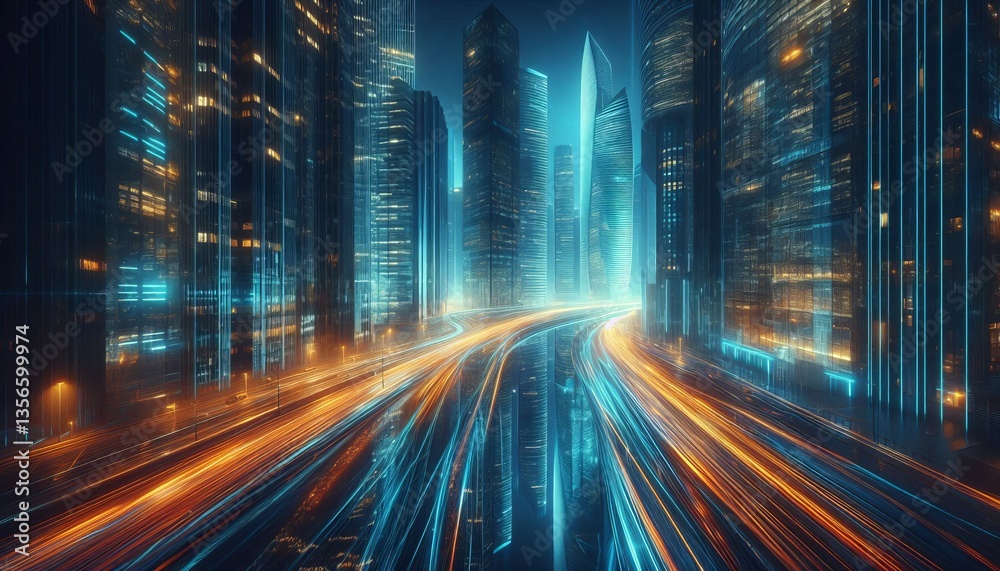 Obraz premium Nocturnal Light Waves on Urban Surfaces