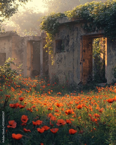 A war-torn field where crumbling bunkers and rusted artillery are slowly embraced by nature. Overgrown vines and a carpet of wildflowers cover the remnants