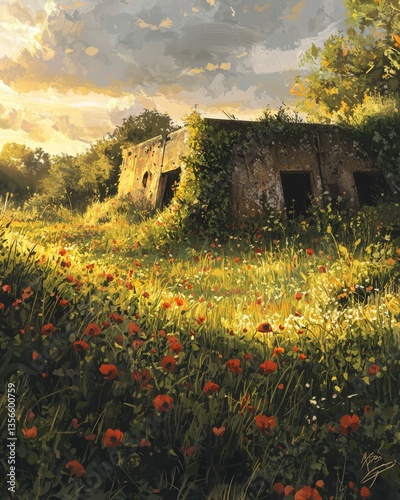 A war-torn field where crumbling bunkers and rusted artillery are slowly embraced by nature. Overgrown vines and a carpet of wildflowers cover the remnants