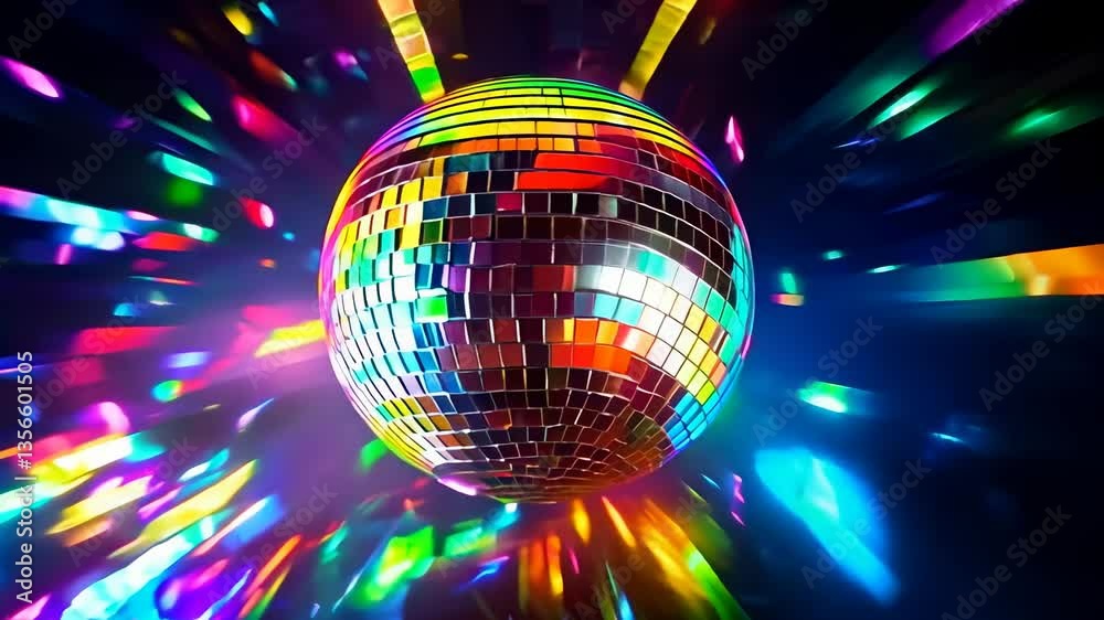 A vibrant disco ball with colorful reflections, captured from a low-angle shot, creating a dynamic, energetic video party atmosphere. Live desktop wallpaper.