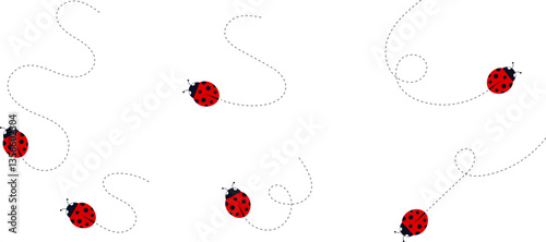 Cartoon ladybug icon set. Ladybugs flying on dotted route. Cute ladybug characters collection. Ladybug with dotted path. Ladybugs flying on dotted route. Vector illustration isolated on white.