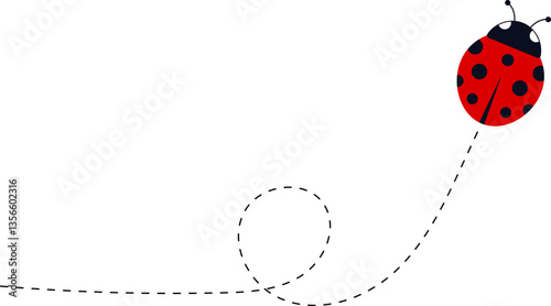 Cartoon ladybug icon set. Ladybugs flying on dotted route. Cute ladybug characters collection. Ladybug with dotted path. Ladybugs flying on dotted route. Vector illustration isolated on white.