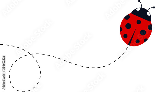Cartoon ladybug icon set. Ladybugs flying on dotted route. Cute ladybug characters collection. Ladybug with dotted path. Ladybugs flying on dotted route. Vector illustration isolated on white.