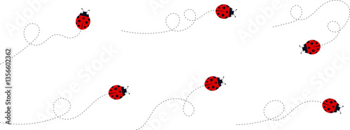 Cartoon ladybug icon set. Ladybugs flying on dotted route. Cute ladybug characters collection. Ladybug with dotted path. Ladybugs flying on dotted route. Vector illustration isolated on white.