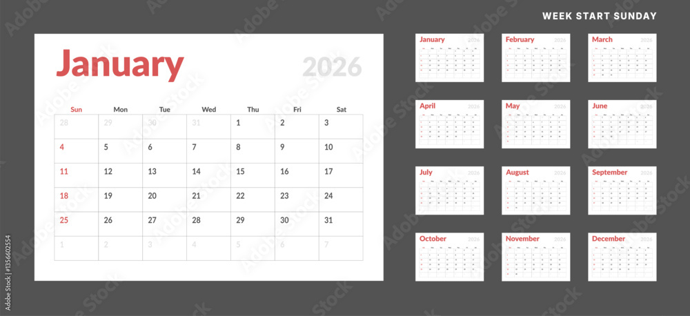 2026 Calendar Planner Set of new Template 12 Monthly Page for Corporate or Personal use. Vector layout of a wall or desk organizer with week start Sunday for print. Page for size A4 -21x29.7 cm 2026 Calendar Planner Set of new Template 12 Monthly Page for Corporate or Personal use. Vector layout of a wall or desk organizer with week start Sunday for print. Page for size A4 -21x29.7 cm