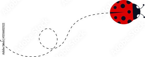 Cartoon ladybug icon set. Ladybugs flying on dotted route. Cute ladybug characters collection. Ladybug with dotted path. Ladybugs flying on dotted route. Vector illustration isolated on white.