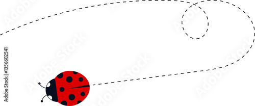 Cartoon ladybug icon set. Ladybugs flying on dotted route. Cute ladybug characters collection. Ladybug with dotted path. Ladybugs flying on dotted route. Vector illustration isolated on white.