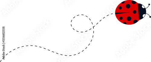 Cartoon ladybug icon set. Ladybugs flying on dotted route. Cute ladybug characters collection. Ladybug with dotted path. Ladybugs flying on dotted route. Vector illustration isolated on white.