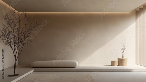 Modern and minimalist interior design of a room with a minimalist aesthetic. the room has a large window on the right side, allowing natural light to enter the space.