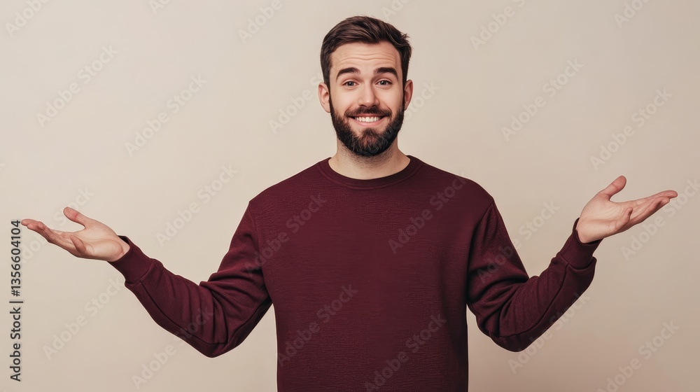 Happy man shrugging with open arms and smiling Happy man shrugging with open arms and smiling