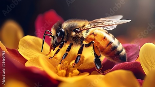 A close-up of a bee on vibrant yellow and red flowers, showcasing details of its wings and body. Concept Bee Macro Photography, Vibrant Floral Background, Detailed Insect Anatomy