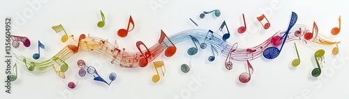 Colorful musical notes flow across a white background.