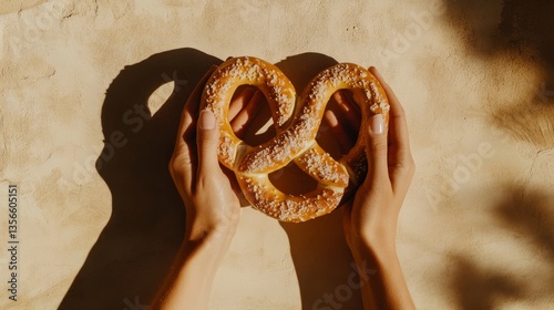 Hands holding pretzel against beige background