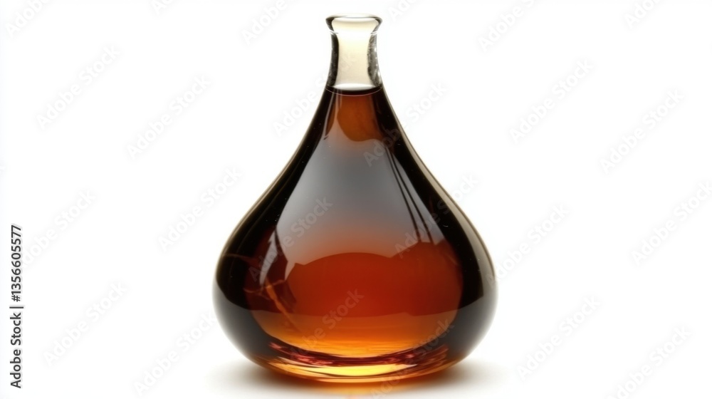Elegant teardrop shaped glass bottle filled with rich amber liquid isolated against a clean white background studio shot Elegant teardrop shaped glass bottle filled with rich amber liquid isolated against a clean white background studio shot