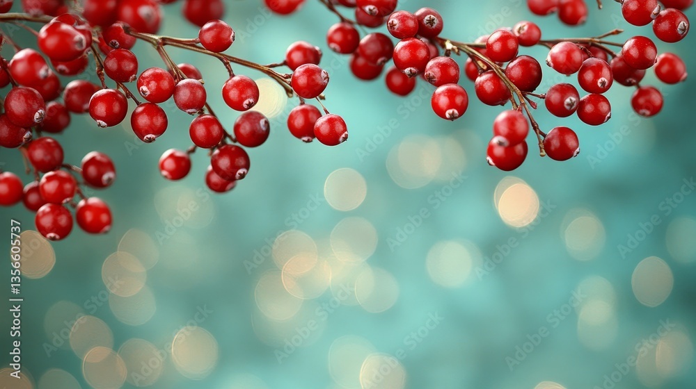 Festive red berries on blue bokeh background Festive red berries on blue bokeh background