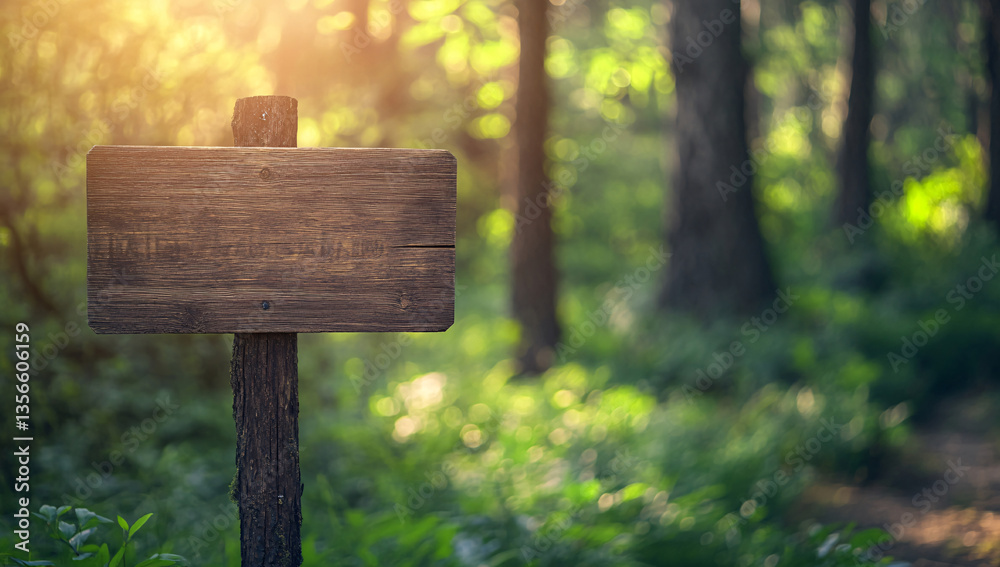Fototapeta premium Blank Wooden Signpost in Sunny Forest Path, Nature Trail Marker