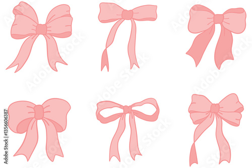 Draw coquette bow pink ribbon Doodle style. vector illustration