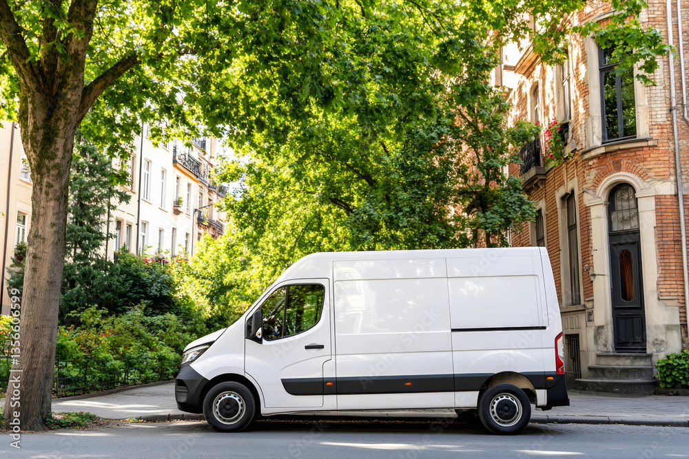 Fototapeta premium White delivery van parked under lush green trees on a quiet residential street