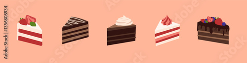 Assorted cake slices with fruit and chocolate toppings on peach background, vector.