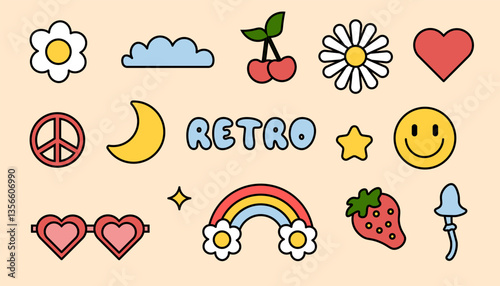 Retro-themed symbols of love, peace, and nature with heart-shaped glasses, clouds, and moon - vector.
