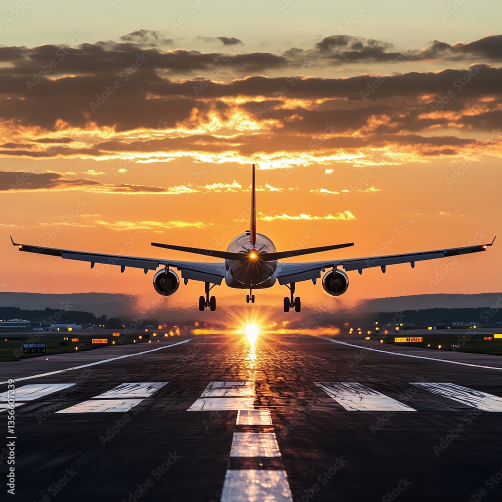 Airplane landing on runway at sunset, dramatic sky in background Airplane landing on runway at sunset, dramatic sky in background