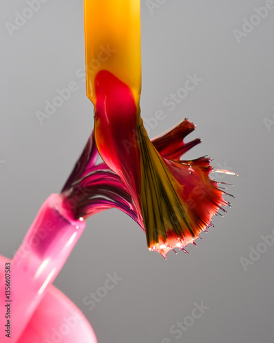 Bright yellow pink nail polish flows down the brush, macro, creative background, color mixing    
