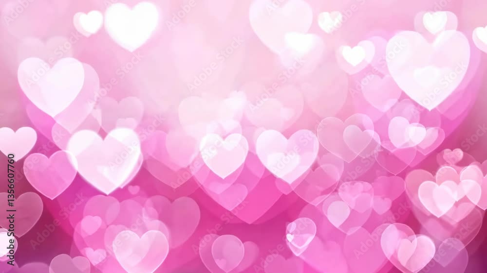 Romantic video background with a soft-focus effect, featuring pink heart bokeh. The camera angle is straight-on, creating a dreamy atmosphere. Live desktop wallpaper.