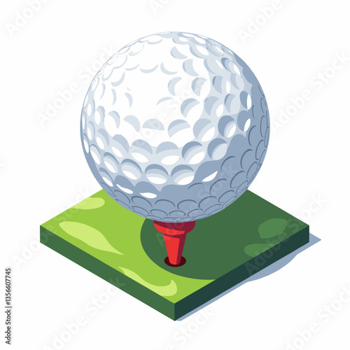 Isometric view of a golf ball on a tee in a grassy area with a shadow effect